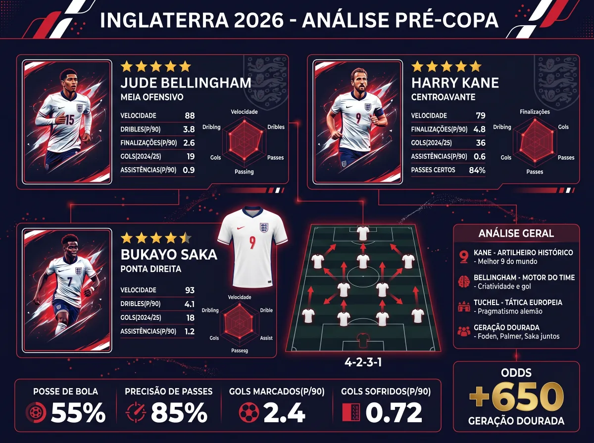Inglaterra na Copa 2026: a geração dourada de Tuchel chega ao Grupo L com odd +650