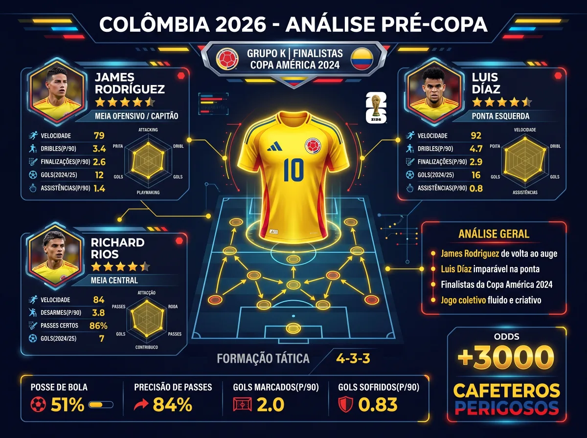Colômbia na Copa 2026: os Cafeteros perigosos no choque contra Portugal