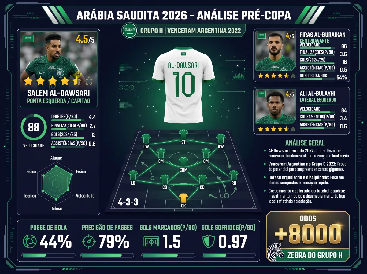 Arábia Saudita na Copa 2026: a zebra do Grupo H carrega memória de 2022